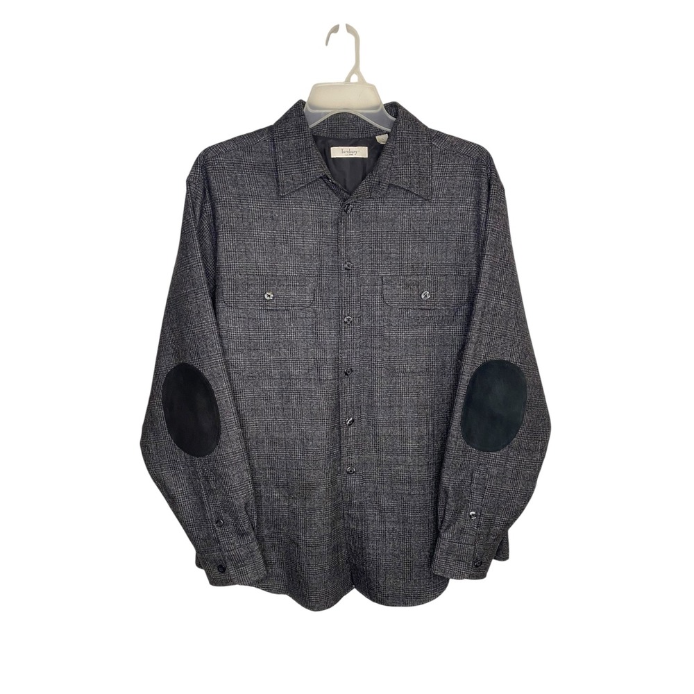 Turnbury Men 100% Wool Glen Plaid Flannel Shirt Grey Elbow Patches Large